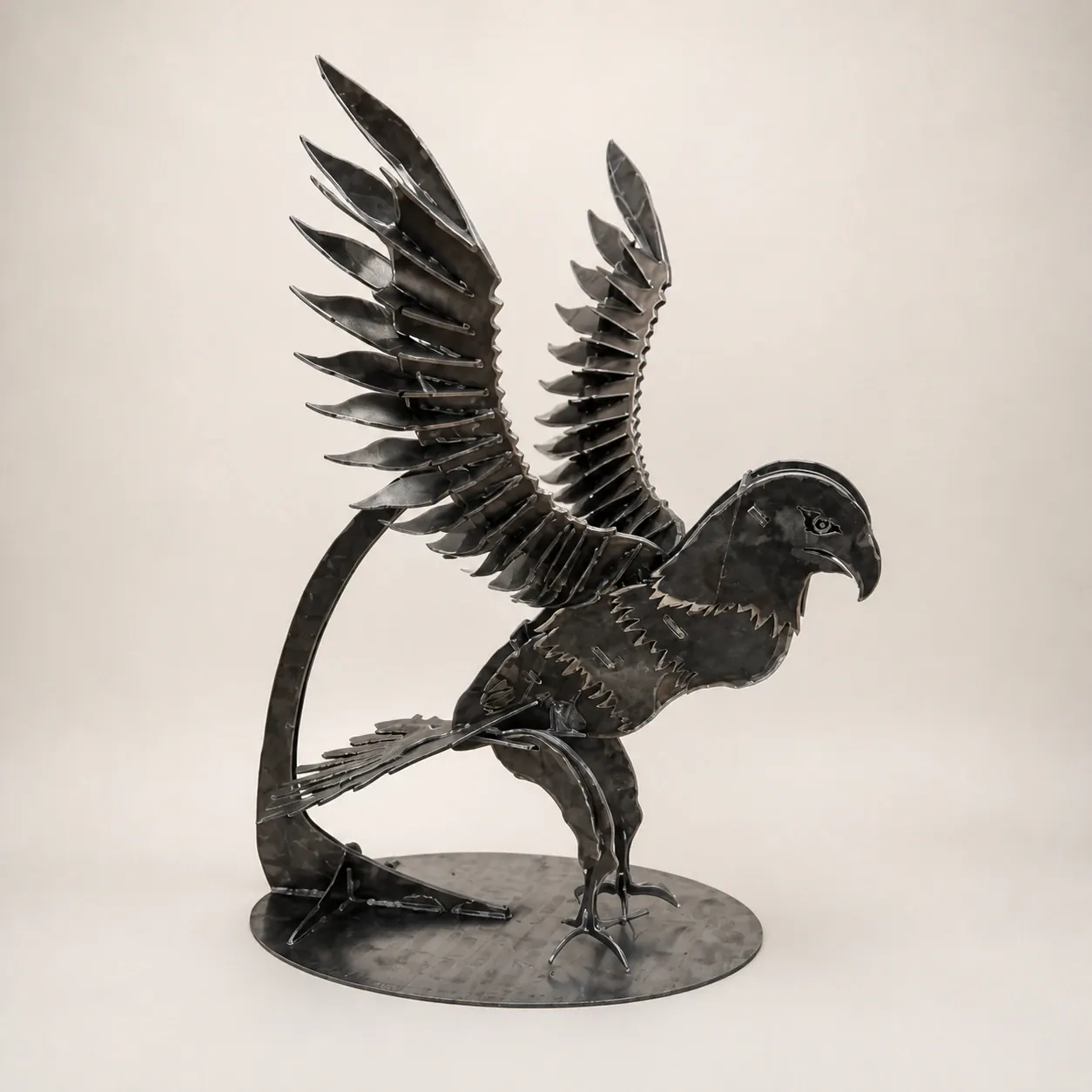 Studio visual of the natural-metal eagle sculpture with open wings
