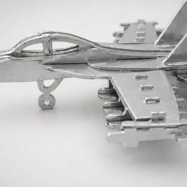 Close detail of the fighter’s canopy, wing, and layered metal construction