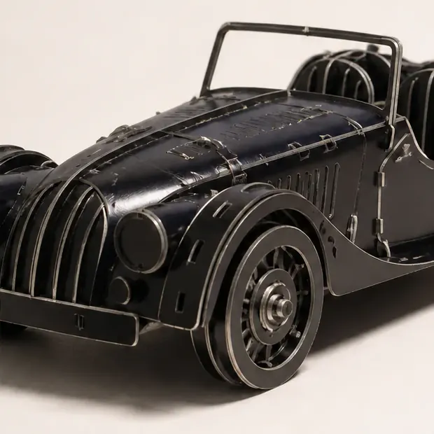 Close material study of The Roadster’s hood and cut edges