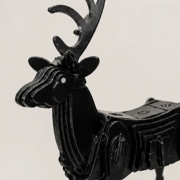 Close detail of the stag’s head, antlers, and layered construction